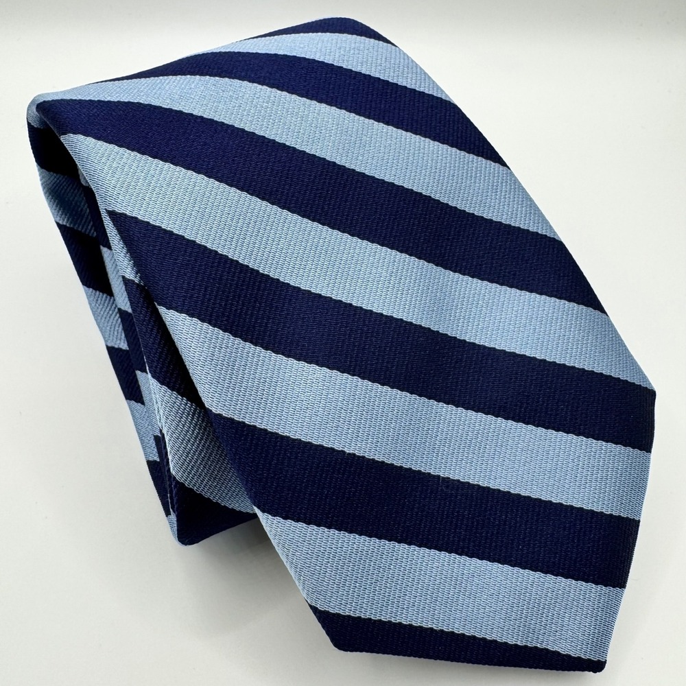 Tom James Mens Silk Tie Navy Blue Light Blue Striped Repp Luxury Designer